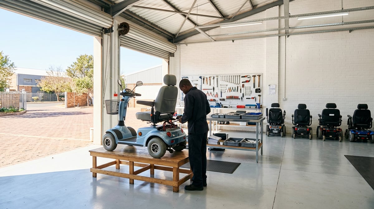 Technicians refurbishing an electric mobility scooter on a workshop lift bench